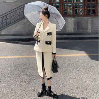 Bow Accent Single-breasted Jacket / Midi Pencil Skirt