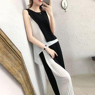 Set: Color Block Sleeveless Top + Pleated Wide-leg Pants