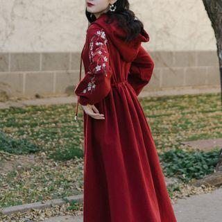 Puff-sleeve Floral Embroidered Hooded Midi A-line Dress