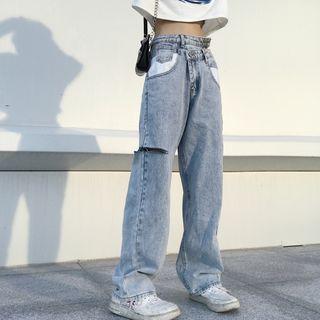 Asymmetric High Waist Ripped Jeans