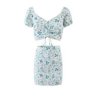 Lace Trim Floral Drawstring Crop Top / High-waist Mini Pencil Skirt