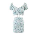 Lace Trim Floral Drawstring Crop Top / High-waist Mini Pencil Skirt