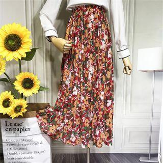 Elastic-waist Floral Print Pleated A-line Dress