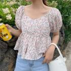 Floral Print Short-sleeve Puffy Crop Blouse As Shown In Figure - One Size