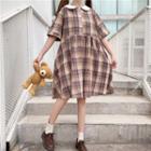 Elbow-sleeve Plaid Collared Dress