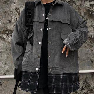 Plaid Panel Corduroy Button Jacket