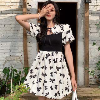 Puff-sleeve Bow Print Panel Mini A-line Dress