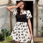 Puff-sleeve Bow Print Panel Mini A-line Dress