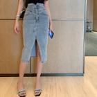 High-waist Slit Denim Midi Pencil Skirt