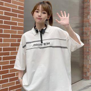 Elbow-sleeve Collared Lettering Print Shirt
