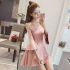 Off-shoulder Bell-sleeve Tie-waist A-line Plain Slim Dress