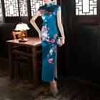 Elbow-sleeve Floral Print Midi Qipao Dress