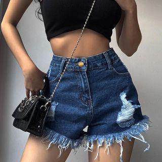 High Waist Ripped Raw-hem Shorts