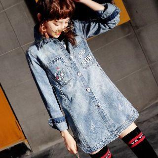 Printed Washed Buttoned Denim Coat