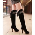 Faux Leather Embroidered Lace Up High-heel Over-the-knee Boots
