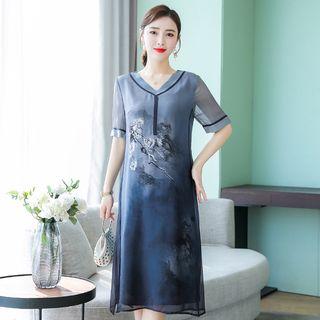 V-neck Short-sleeve Floral Print Chiffon Dress