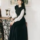 Mock Two-piece Puff-sleeve Midi A-line Dress Black & White - One Size