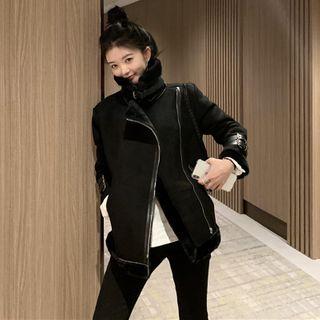 Fleece-lined Faux-suede Biker Jacket Black - One Size