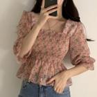 Square-neck Balloon-sleeve Floral Print Blouse