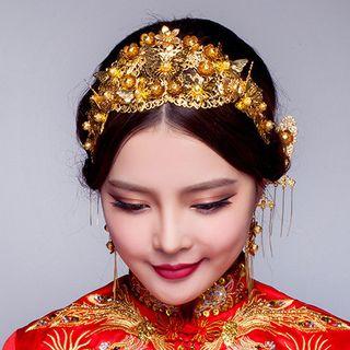 Bridal Set: Butterfly Accent Tiara + Tasseled Hair Stick + Earring