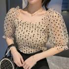 Dotted Puff-sleeve Mesh Blouse Almond - One Size