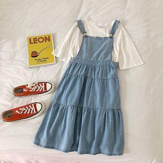 A-line Denim Jumper Dress Blue - One Size
