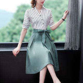 Mock Two-piece Short-sleeve Striped Midi Shirt Dress