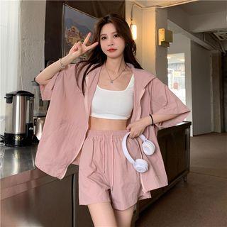 Elbow-sleeve Hooded Zipped Jacket / Shorts