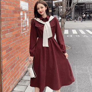 Set: Long-sleeve Midi A-line Shirtdress + Knit Shawl