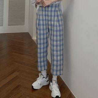 Rabbit Print Elbow-sleeve T-shirt / Plaid Cropped Straight Leg Pants