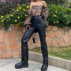 High Waist Faux Leather Straight Leg Slit Pants