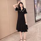 Elbow-sleeve Contrast Trim Wide Collar Dress
