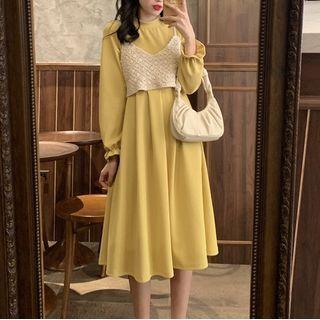Long-sleeve Midi A-line Dress / Crochet Knit Cropped Camisole Top