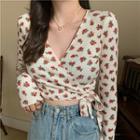 Strawberry Print Tie-front Cropped Knit Top As Shown In Figure - One Size