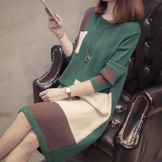 Long-sleeve Color Block Shift Knit Dress
