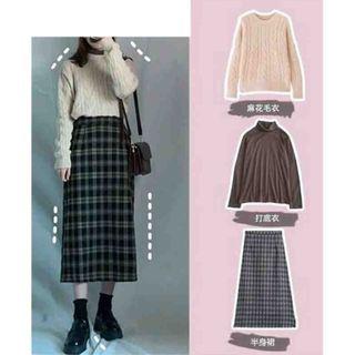 Cable Knit Sweater / Plaid Midi A-line Skirt / Mock-neck Top / Set