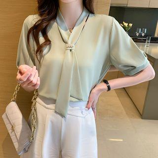 Plain V-neck Lace-up Chiffon Blouse