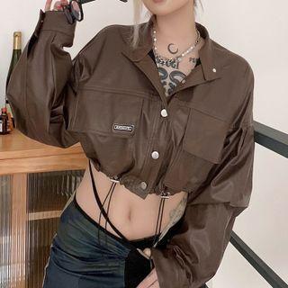 Long-sleeve Drawstring Hem Faux Leather Cropped Jacket