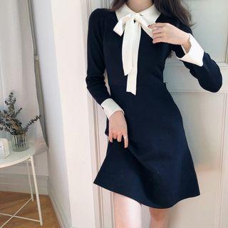 Bow Accent Long-sleeve Knit A-line Dress Black - One Size