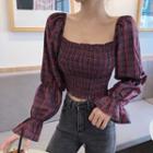 Check Square-neck Long-sleeve Slim-fit Blouse As Figure - One Size
