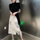 Short Sleeve High-low Qipao Shirt / Floral Print Asymmetrical Midi Skirt