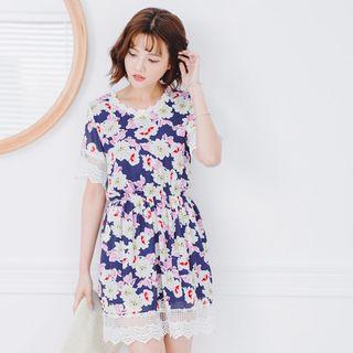 Lace Trim Floral Print Short-sleeve Dress