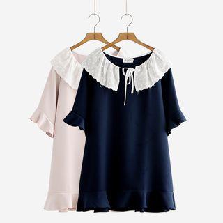 Short-sleeve Lace-panel Ruffled Blouse