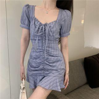 Short-sleeve Striped Drawstring Mini Mermaid Dress