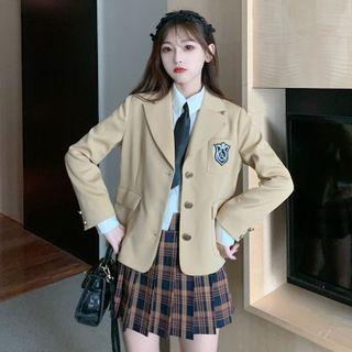 Blazer / Cropped Shirt With Necktie / Plaid Accordion Pleat Skirt