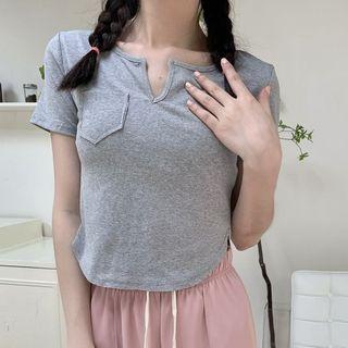 Short-sleeve V-neck Plain Pocket Top