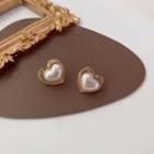 Heart Faux Pearl Alloy Earring 1 Pair - Stud Earring - S925 Silver Needle - Heart - Gold - One Size