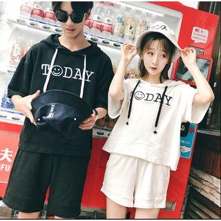 Couple Matching Set : Letter Short-sleeve Hoodie + Shorts