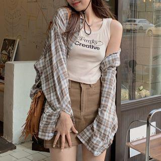 Lettering Tank Top / Plaid Shirt / Mini Skirt