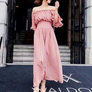 Elbow-sleeve Off Should Striped Maxi Sundress